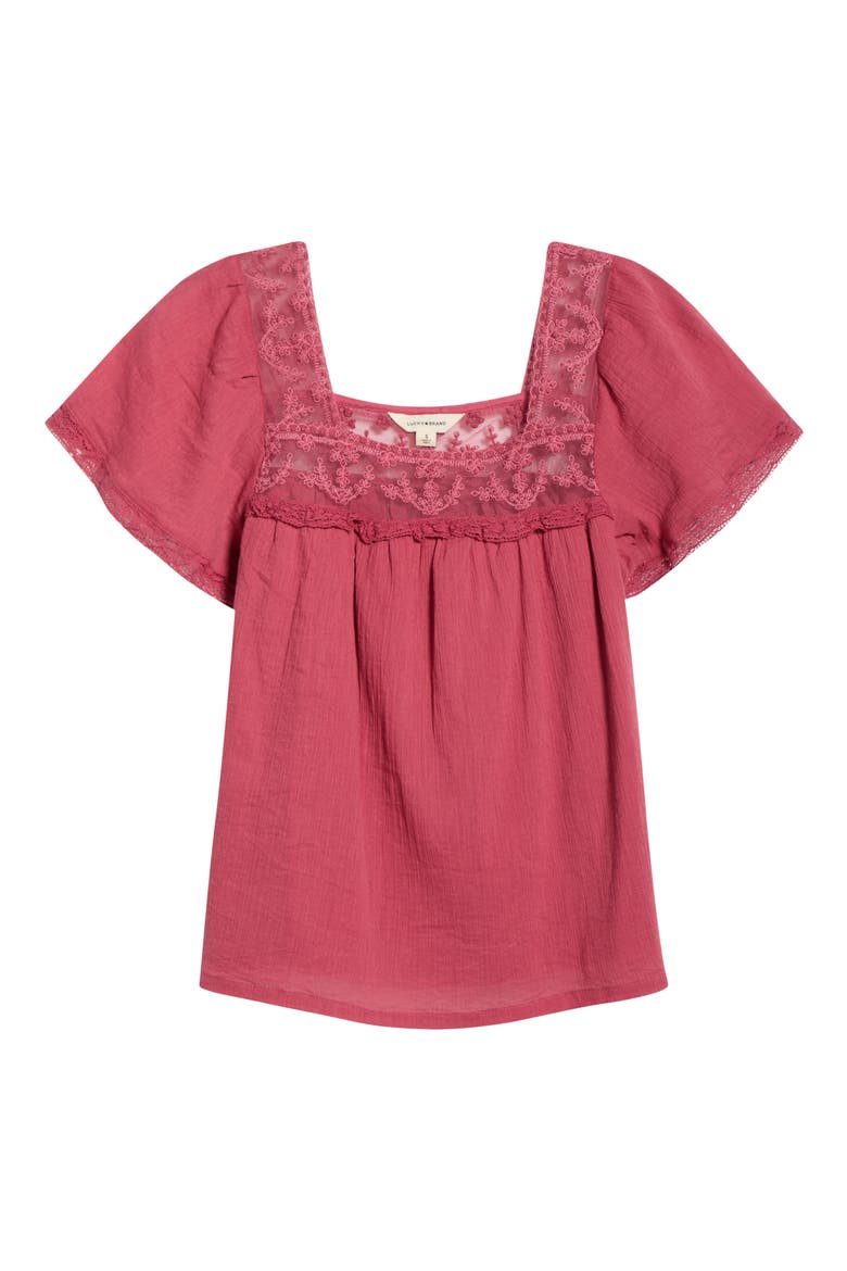 Lace Mesh Detail Square Neck Cotton Top, Alternate, color, ROSE WINE