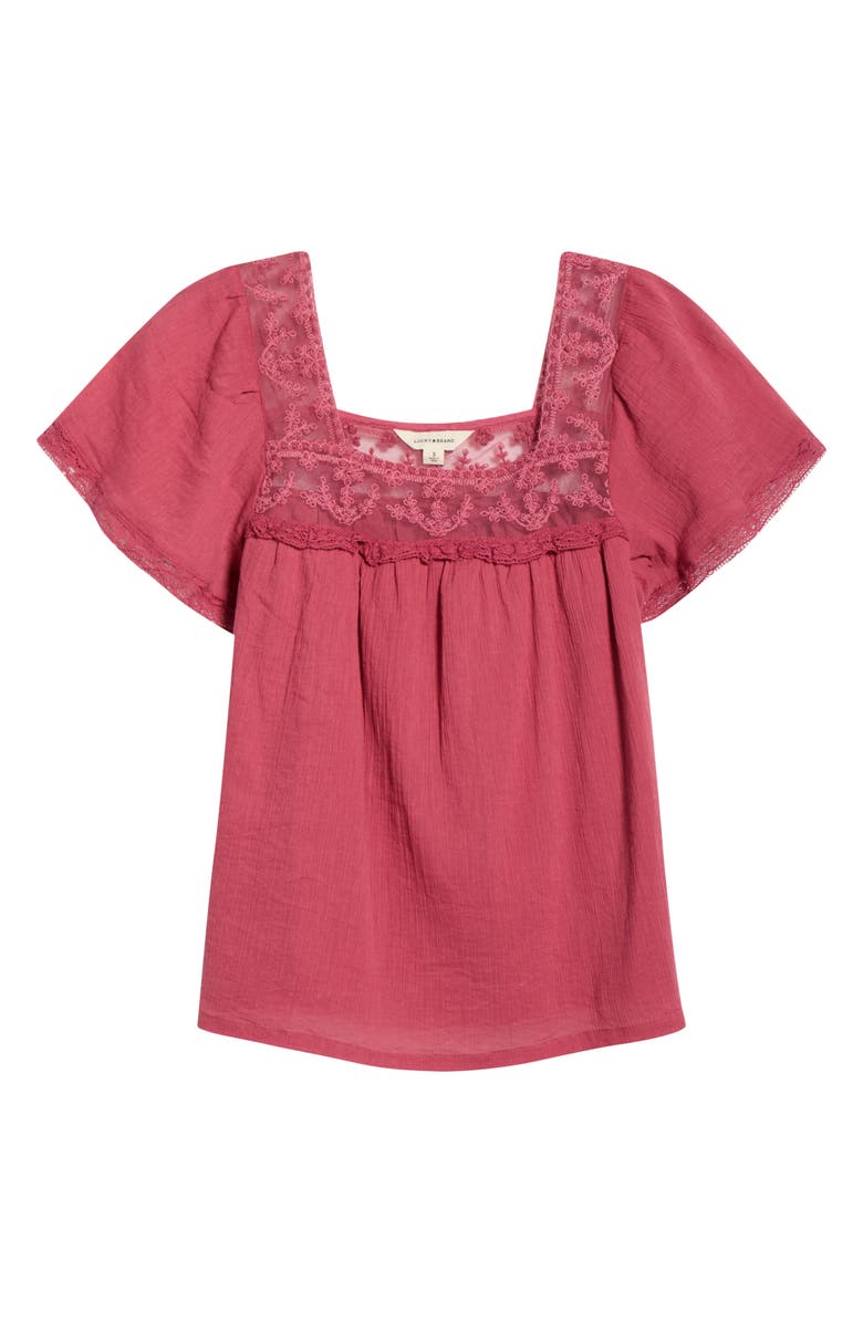 Lucky Brand Lace Mesh Detail Square Neck Cotton Top, Alternate, color, Rose Wine