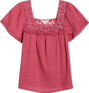 Lucky Brand Lace Mesh Detail Square Neck Cotton Top