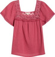 Lucky Brand Lace Mesh Detail Square Neck Cotton Top