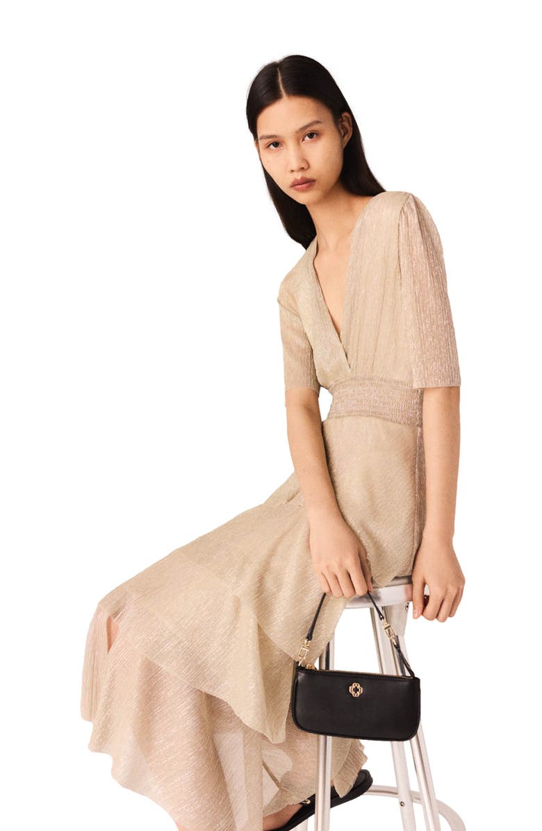 maje Metallic ruffled dress, Alternate, color, 