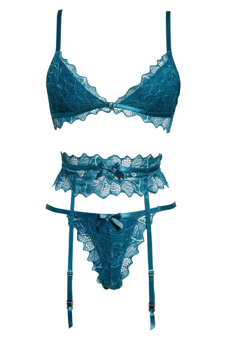 Lace Bralette, G-String & Garter Belt Set, Alternate, color, BLUE CORAL