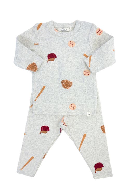 Oh Baby ! Baseball Print Two Piece Set In Heather Grey