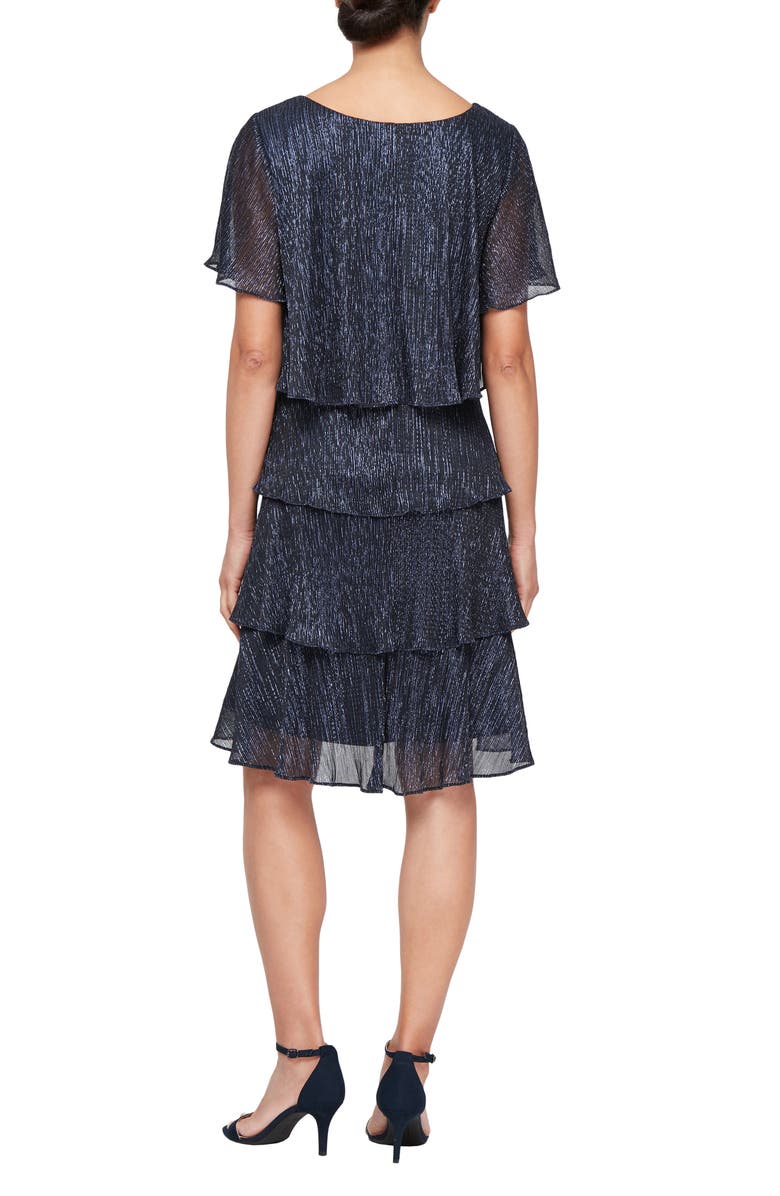 SL FASHIONS Embellished V-Neck Short Sleeve Shimmer Bodre Tier Cocktail Dress, Alternate, color, Navy