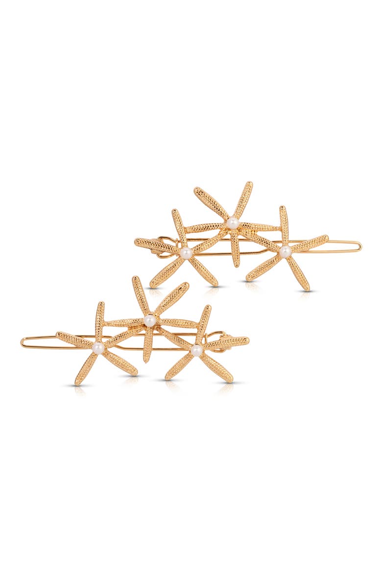 Triple Starfish Set of 2 Barrettes, Main, color, GOLD