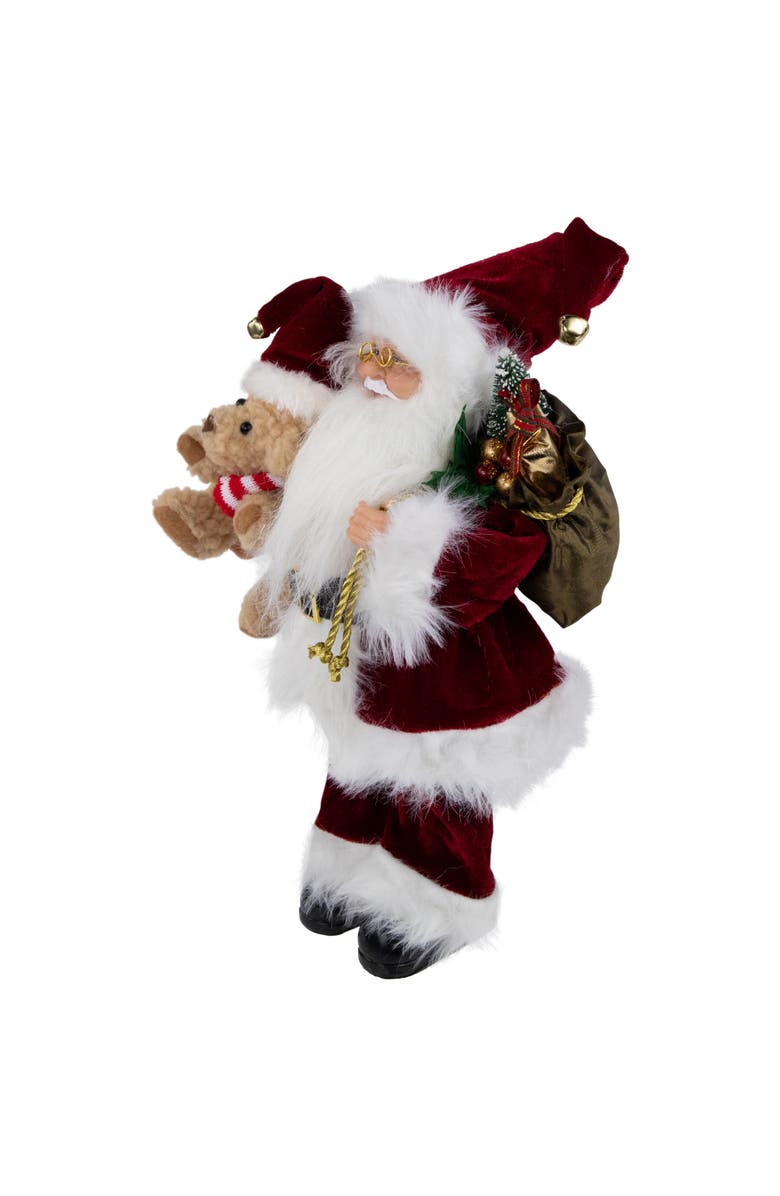 Northlight 12" Traditional Santa Claus Christmas Figure with Teddy Bear and Gift Bag, Alternate, color, Red