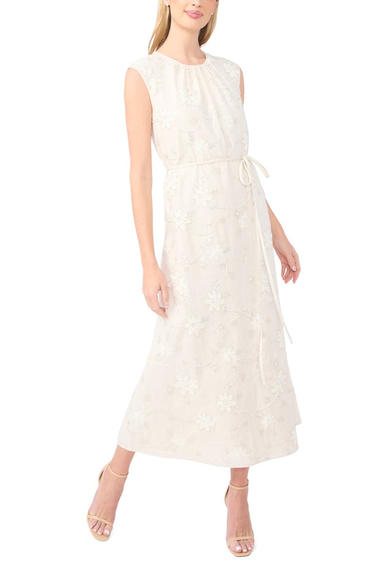 Parker Beaded Floral Embroidered Sleeveless Linen Blend Dress, Main, color, NEW IVORY