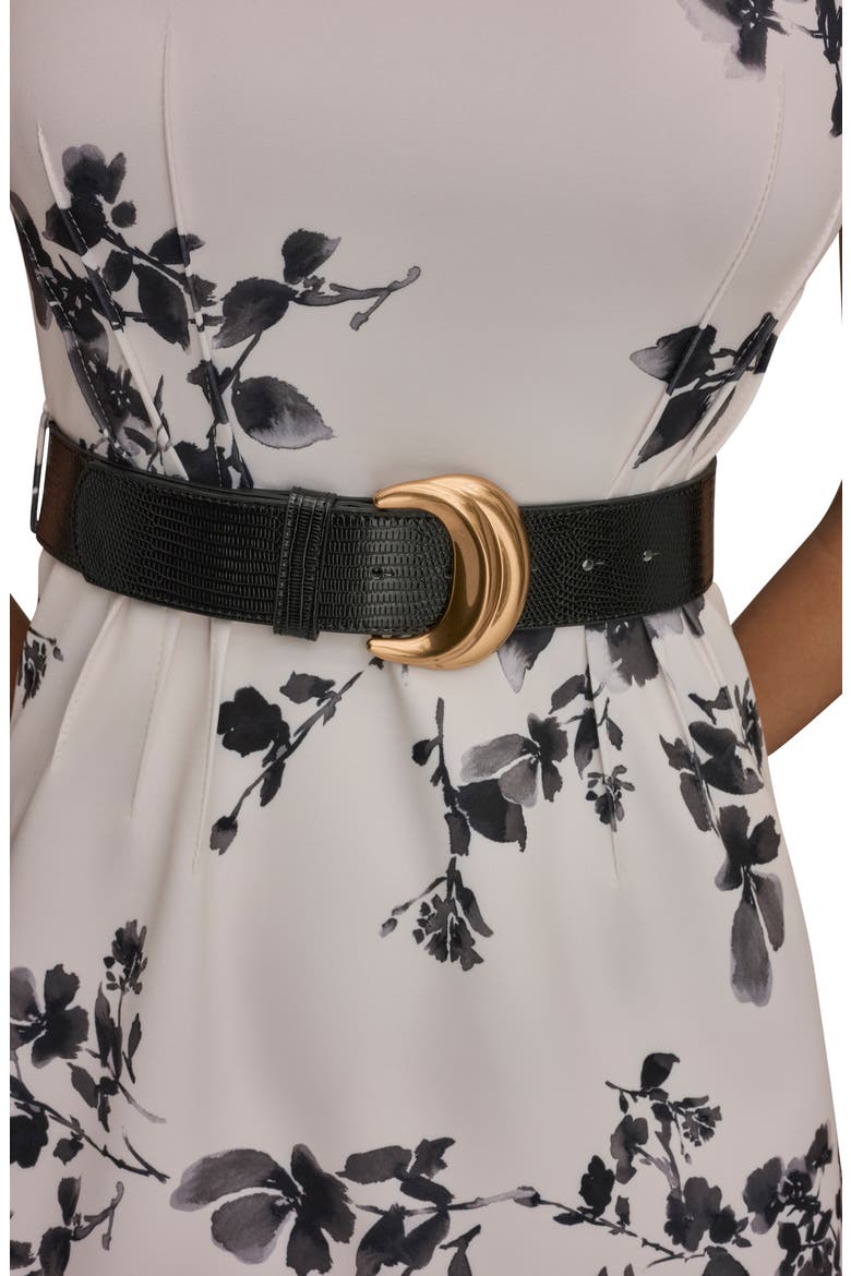 Belted Floral Print Midi Dress, Alternate, color, CREAM/ BLACK MULTI