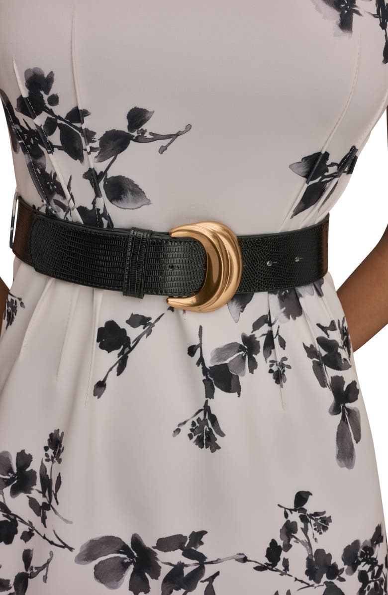 Donna Karan New York Belted Floral Print Midi Dress, Alternate, color, Cream/ Black Multi