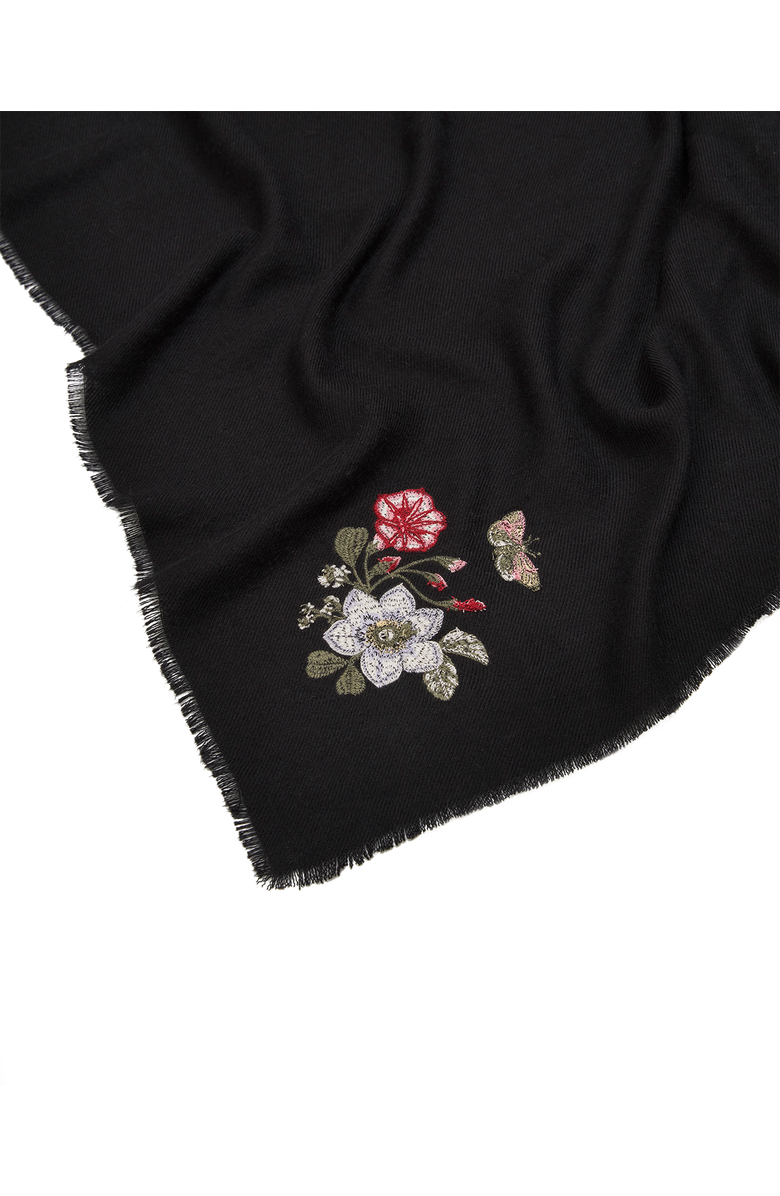 Fable England Floral Embroidered Black Pashmina Scarf, Alternate, color, Black