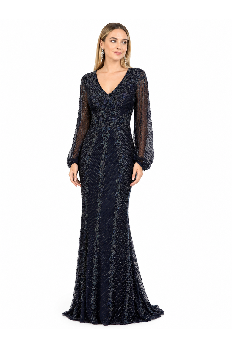 Beaded Faux-Wrap V-Neck Bridal Gown, Alternate, color, Navy