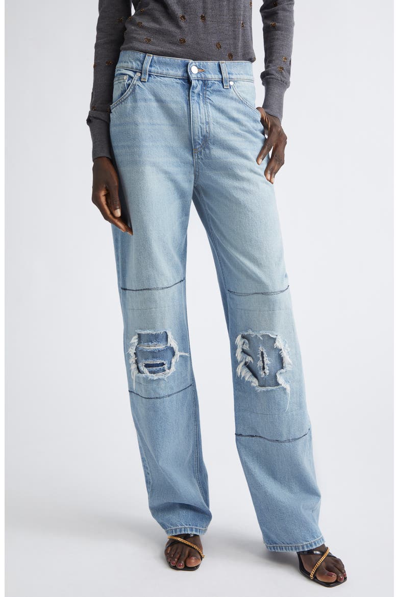 Distressed Patched Straight Let Jeans, Main, color, MID BLUE