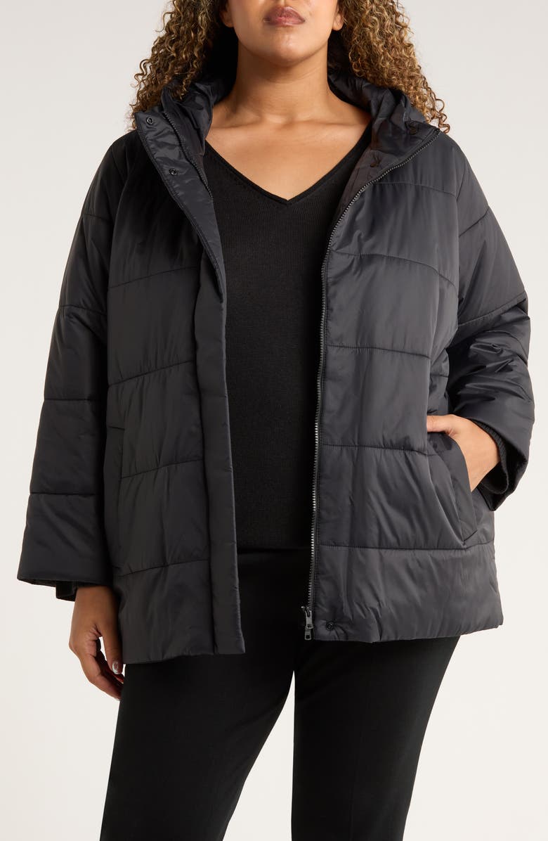 Eileen Fisher Hooded Puffer Jacket, Main, color, Black