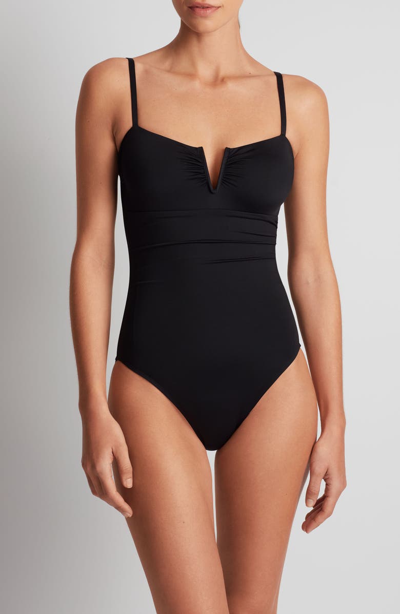 Lauren Ralph Lauren 'V' Underwire One-Piece Swimsuit, Main, color, Black