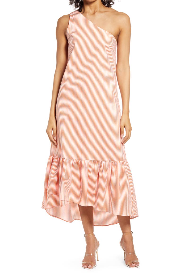 Tiered One-Shoulder Dress, Main, color, RED STRIPE