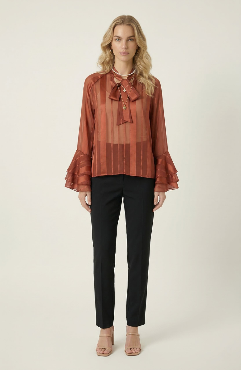 Modenaire Sheer Blouse with Tie Neck Detail and Bell Sleeves, Alternate, color, Burnt Orange