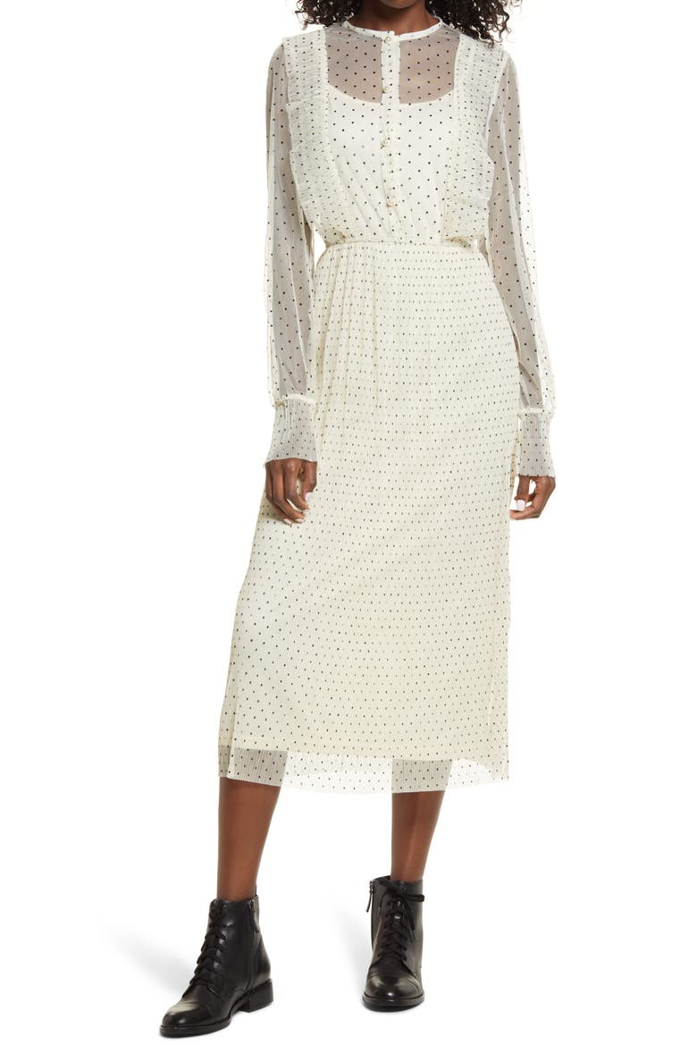Polka Dot Long Sleeve Ruffle Mesh Midi Dress, Main, color, IVORY
