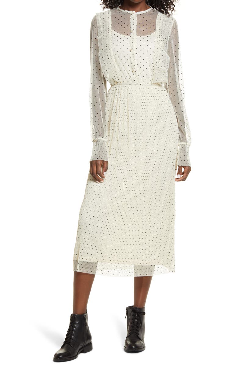 Endless Rose Polka Dot Long Sleeve Ruffle Mesh Midi Dress, Main, color,