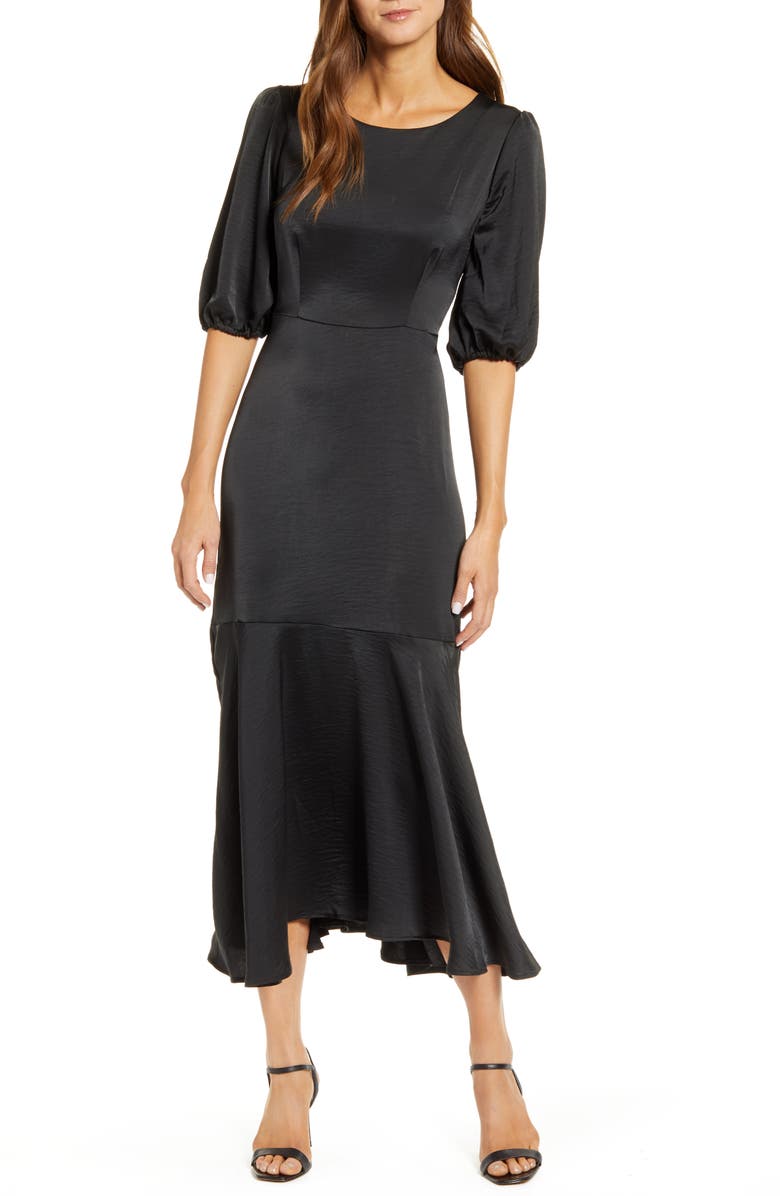Bobeau Dara Puff Sleeve Ruffle Hem Midi Dress, Main, color, 