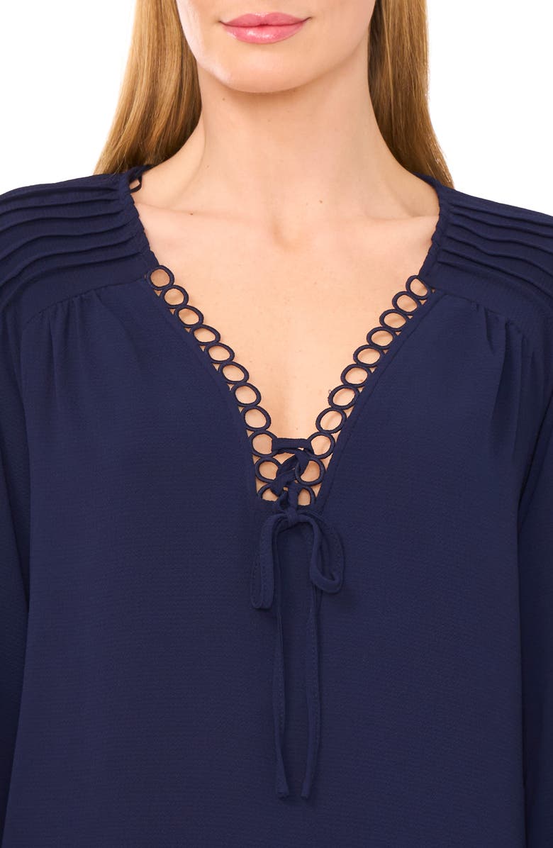 CeCe Circle Trim Pintuck Top, Alternate, color, Classic Navy