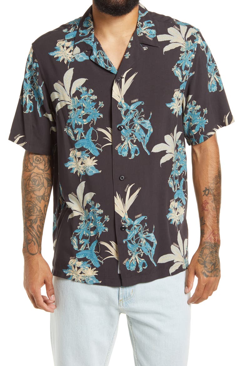 Floral Print Short Sleeve Camp Shirt, Main, color, HAWAIIAN FLORAL PRINT/ BLACK