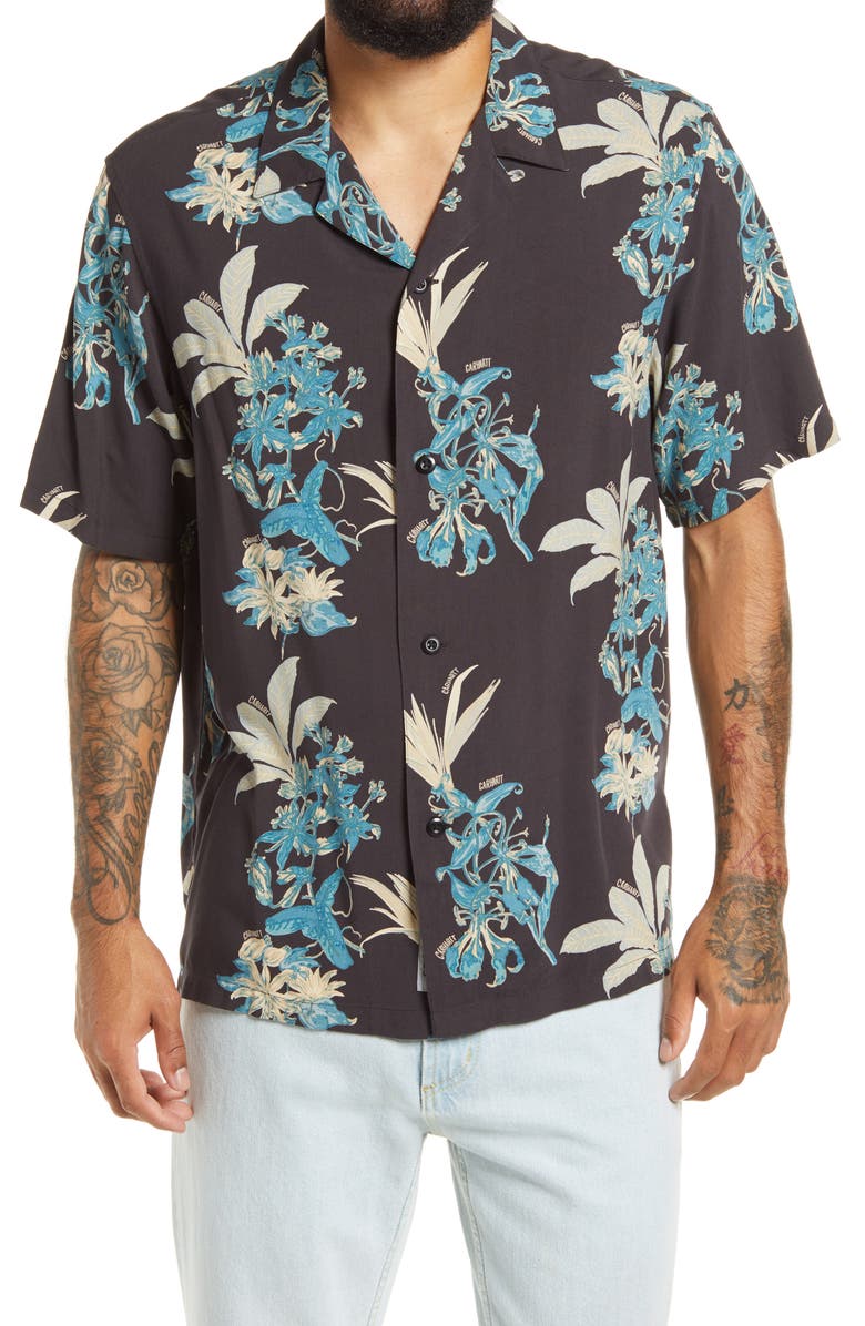 Carhartt Work In Progress Floral Print Short Sleeve Camp Shirt, Main, color,