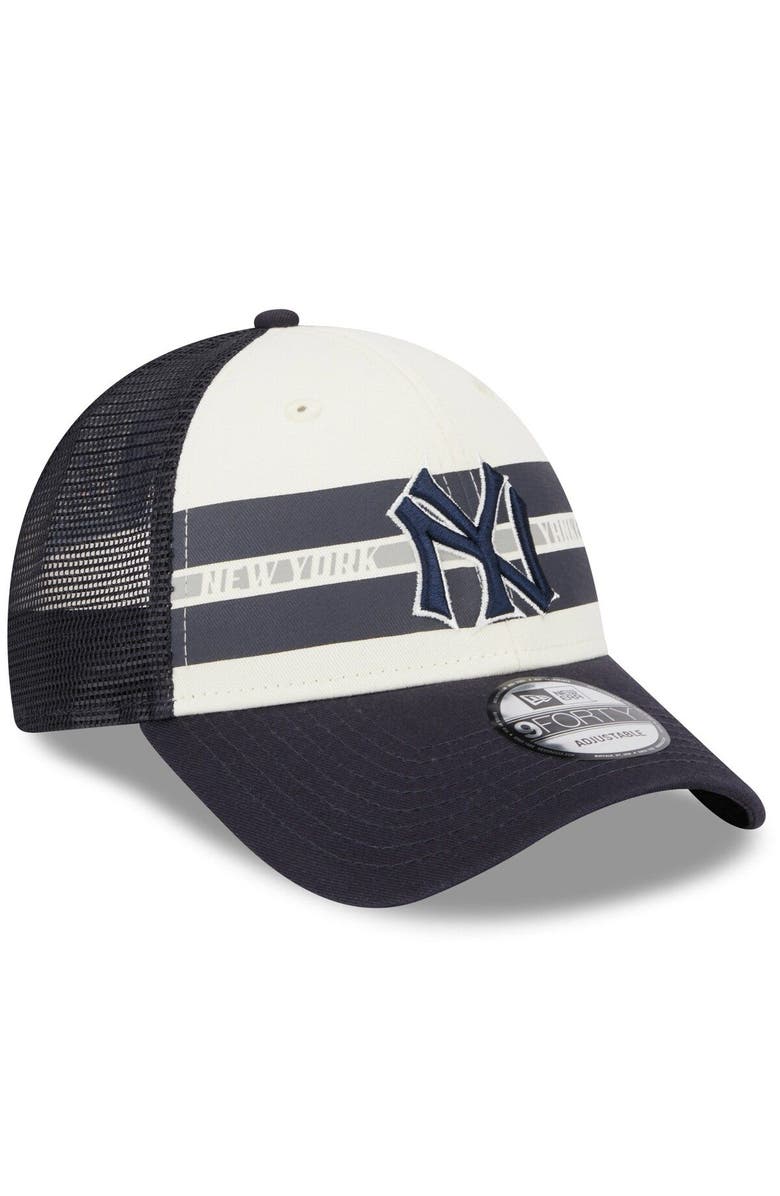 New Era Men's New Era White/Navy New York Yankees Team Stripe Trucker 9FORTY Snapback Hat, Alternate, color, White