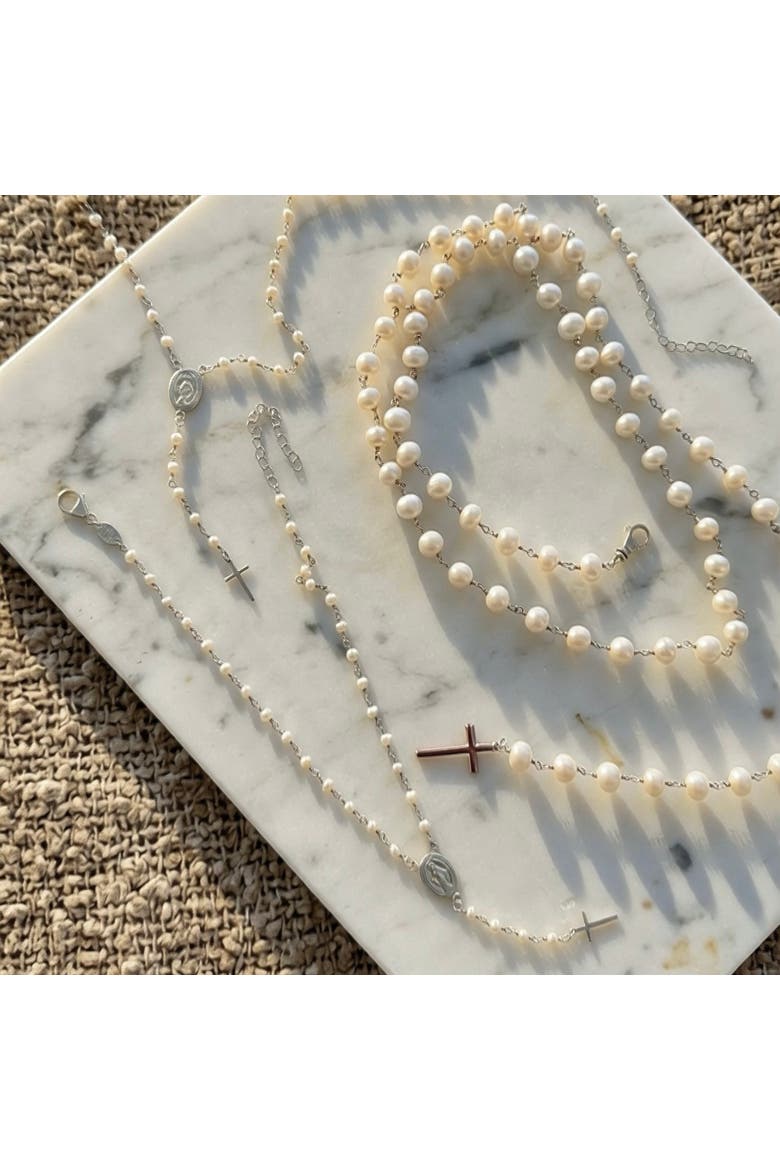 The Amelia Pearl Rosary Necklace, Alternate, color, White, Silver