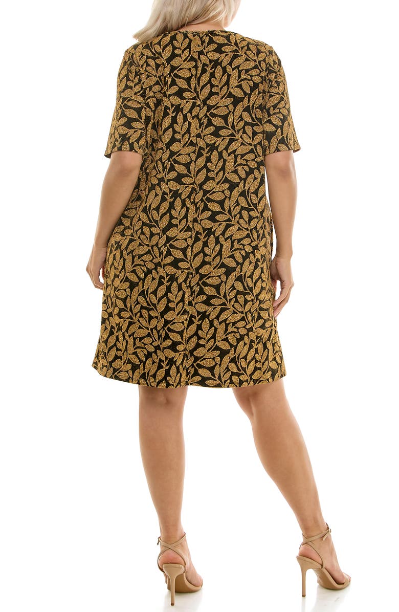 Nina Leonard Metallic Leaf Short Sleeve Trapeze Dress, Alternate, color, 