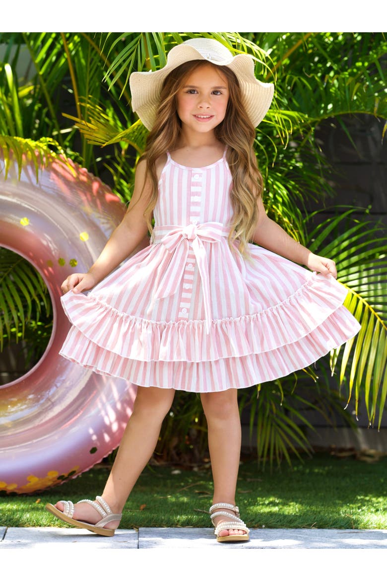 Pink Candy Stripe Button-Up Linen Ruffle Dress, Alternate, color, Pink