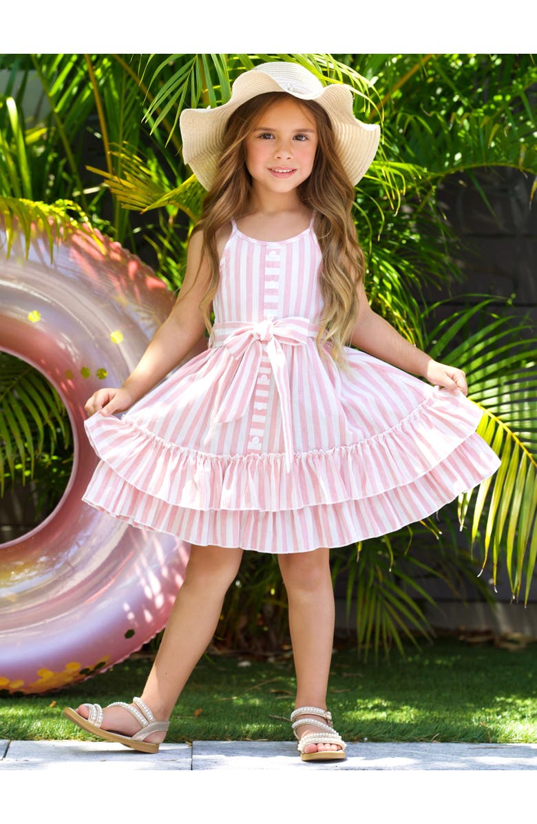 Mia Belle Girls Pink Candy Stripe Button-Up Linen Ruffle Dress, Alternate, color, Pink