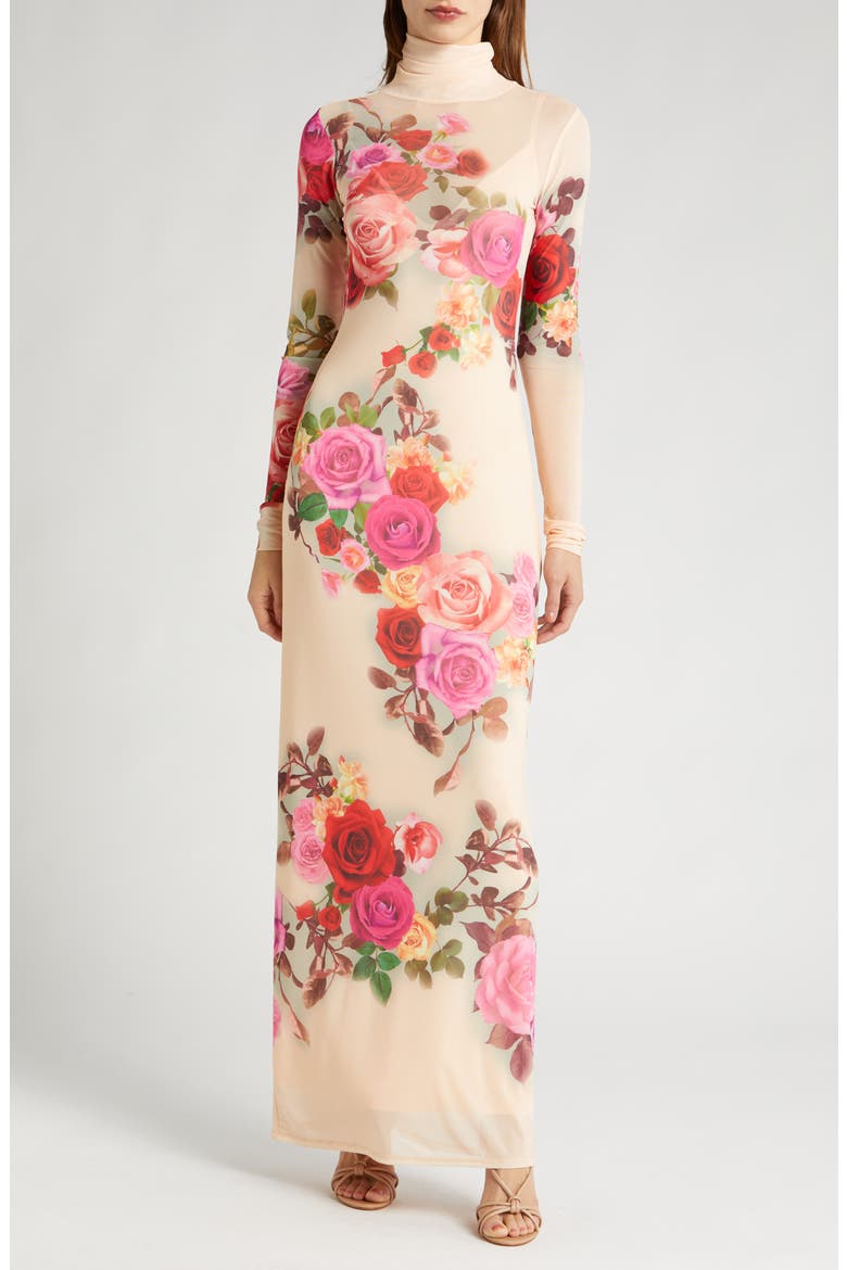 Billie Print Long Sleeve Semisheer Dress, Main, color, BEIGE ROSE SWIRL