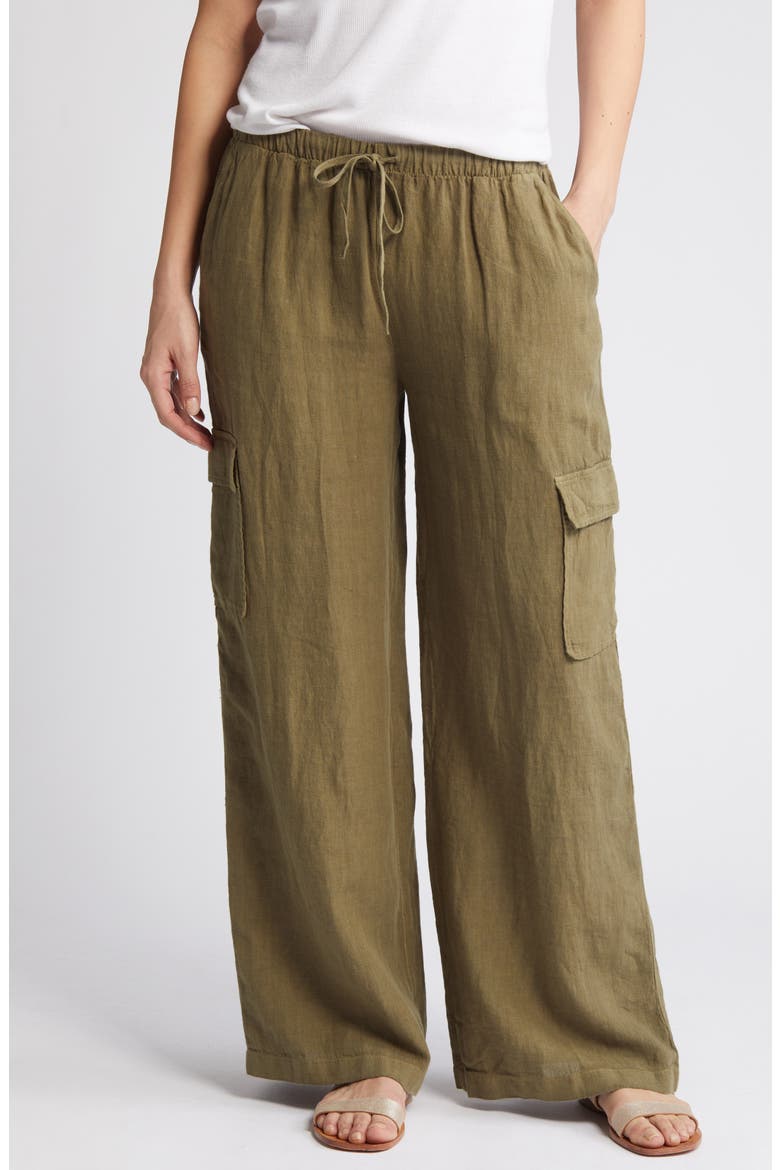 Drawstring Wide Leg Linen Cargo Pants, Alternate, color, OLIVE BURNT