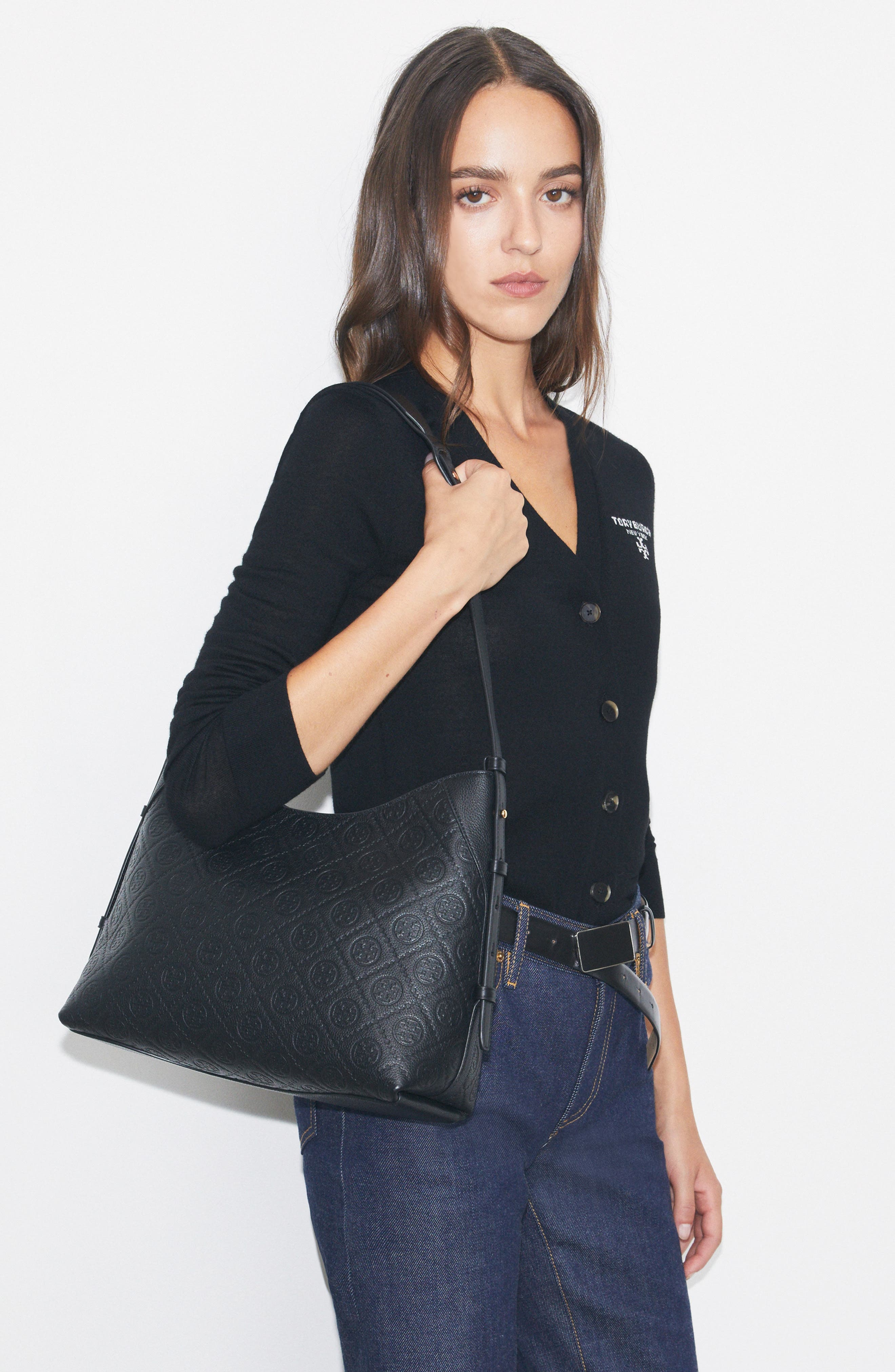 Tory Burch T Monogram Pebble Leather Messenger Bag, Alternate, color, Black