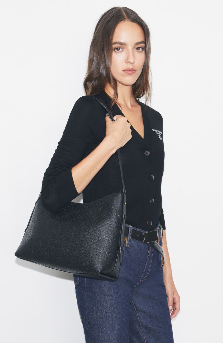 Tory Burch T Monogram Pebble Leather Messenger Bag, Alternate, color, Black