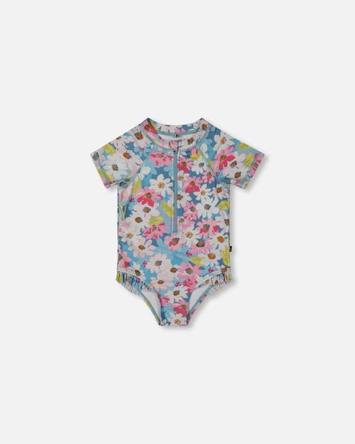 Deux Par Deux Girl's Printed Short Sleeve One-piece Swimsuit With Frills White, Pink, And Green Flow In Blue