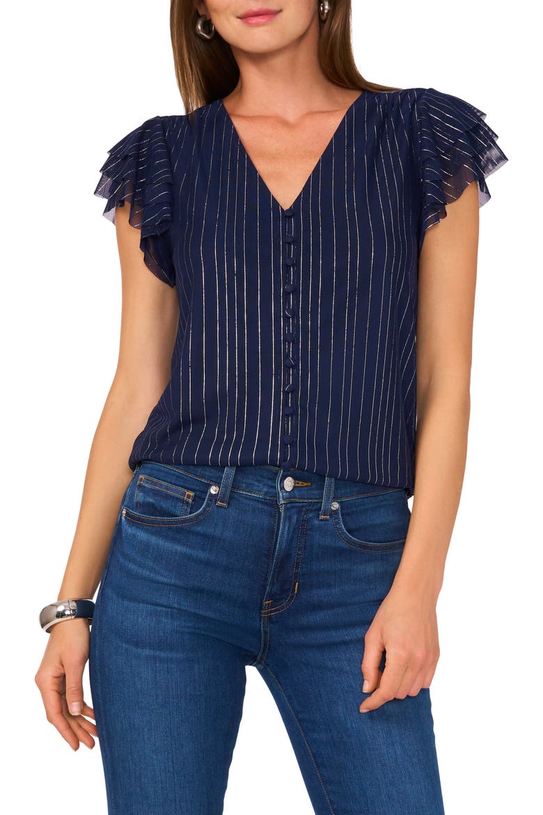 Stripe Flutter Sleeve Button-Up Mesh Top, Main, color, CLASSIC NAVY