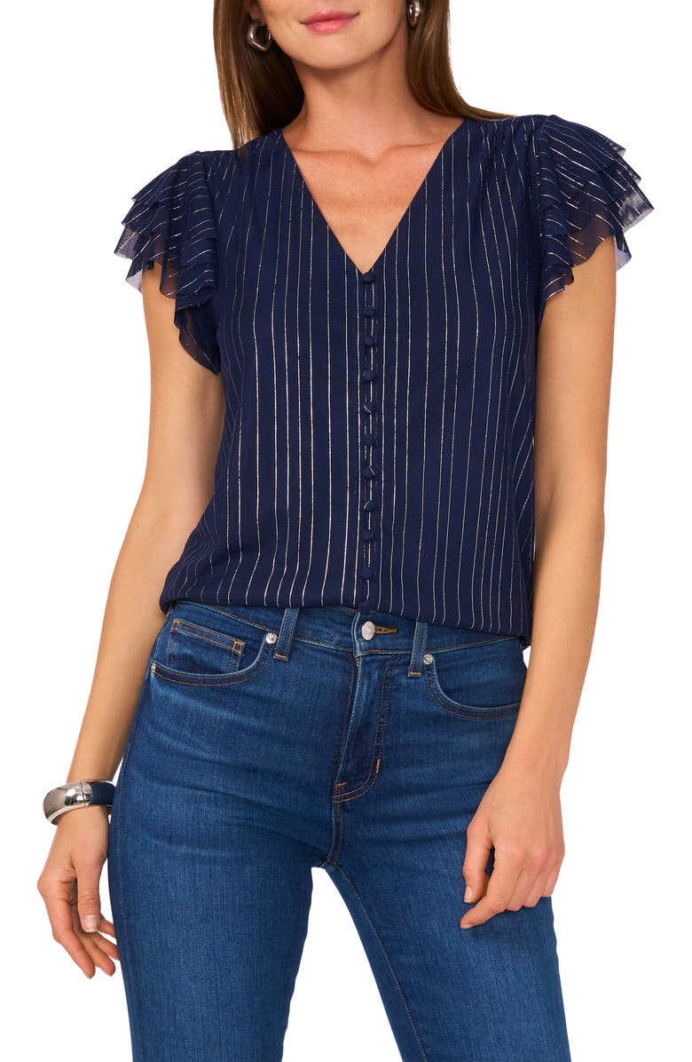 Vince Camuto Stripe Flutter Sleeve Button-Up Mesh Top, Main, color,