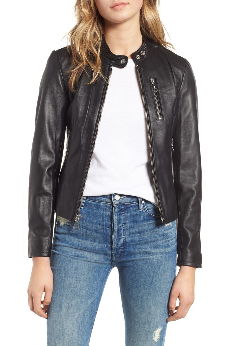 Schott NYC Lambskin Leather Moto Jacket, Main, color, Black