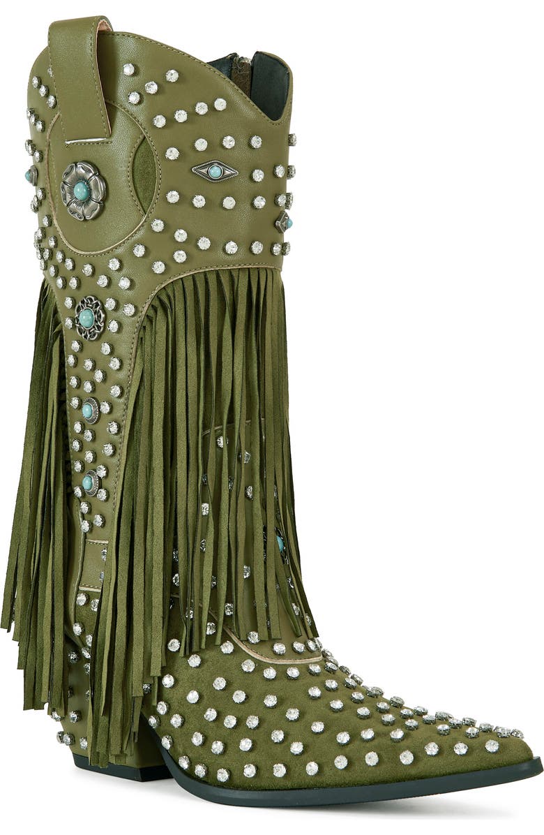 AZALEA WANG Greyson Fringe & Stud Cowboy Boot, Main, color, Olive