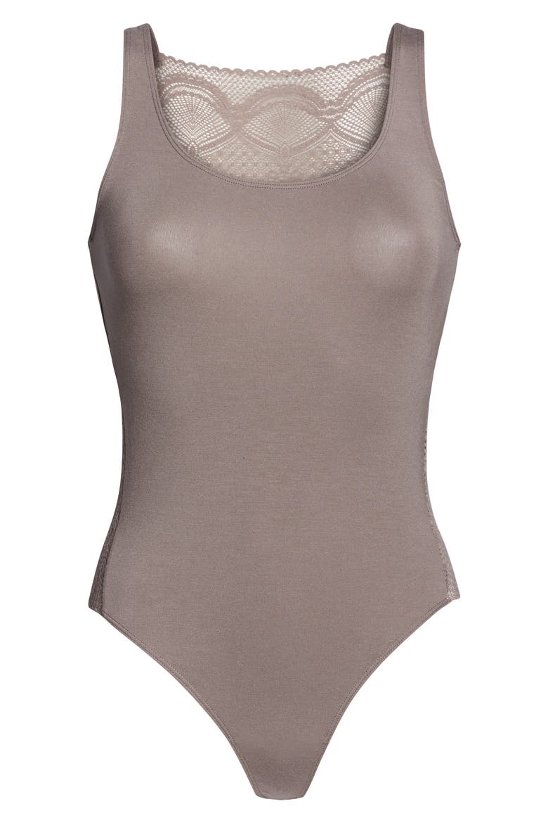 Lace Cutout Thong Bodysuit, Alternate, color, MINK