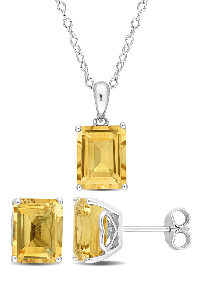 Sterling Silver Emerald-Cut Citrine Stud Earrings & Necklace Set, Main, color, YELLOW