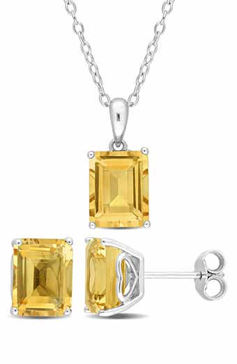 Sterling Silver Emerald-Cut Citrine Stud Earrings & Necklace Set