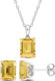 DELMAR Sterling Silver Emerald-Cut Citrine Stud Earrings & Necklace Set