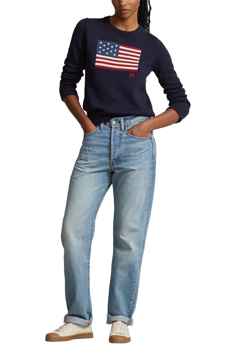 Flag Crewneck Sweater, Alternate, color, NAVY