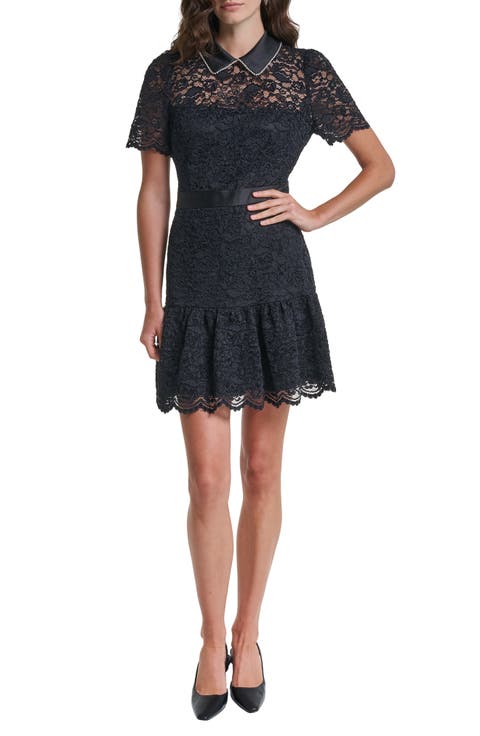 Crystal Collar Detail Lace A-Line Minidress