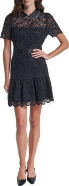 KARL LAGERFELD PARIS Crystal Collar Detail Lace A-Line Minidress