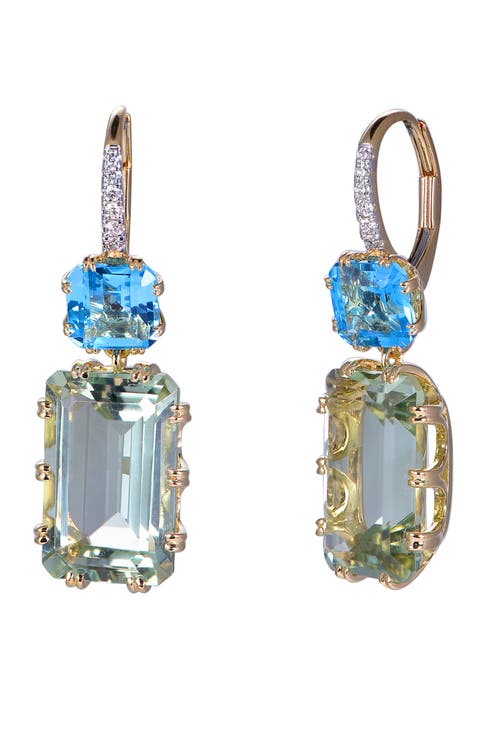 Green Amethyst & Swiss Blue Topaz Earrings with Diamonds