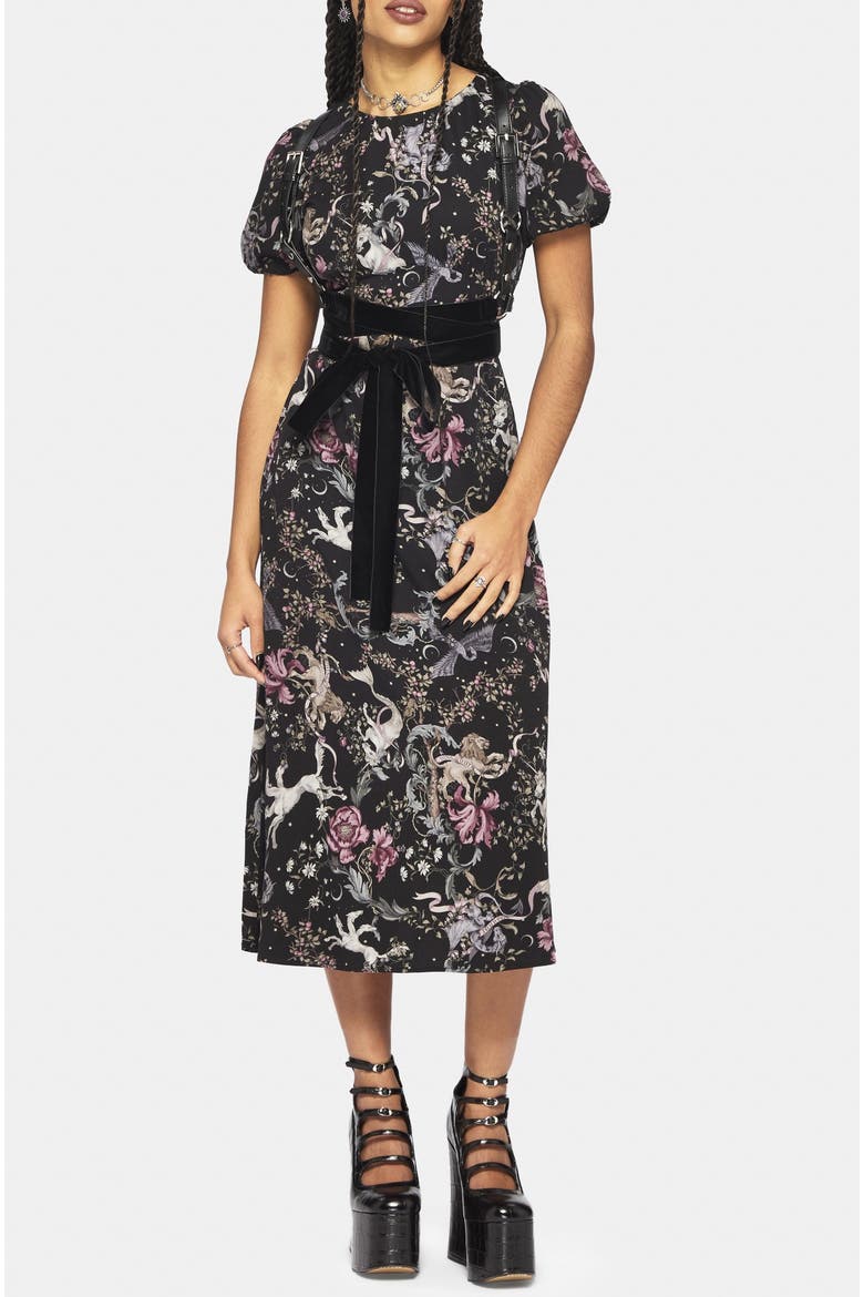 Merunicorn Enchanted Forest Midi Dress, Alternate, color, Black