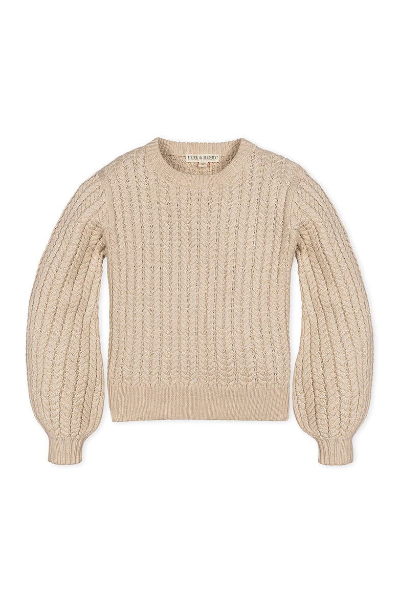 Organic Peasant Sleeve Cable Sweater, Alternate, color, Oatmeal Heather